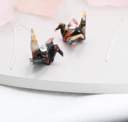 Japanese Paper Origami Crane Threader Earrings in Sterling Silver, Resin Sealed Genuine Japanese Washi Paper, Black, Long Lasting Earrings