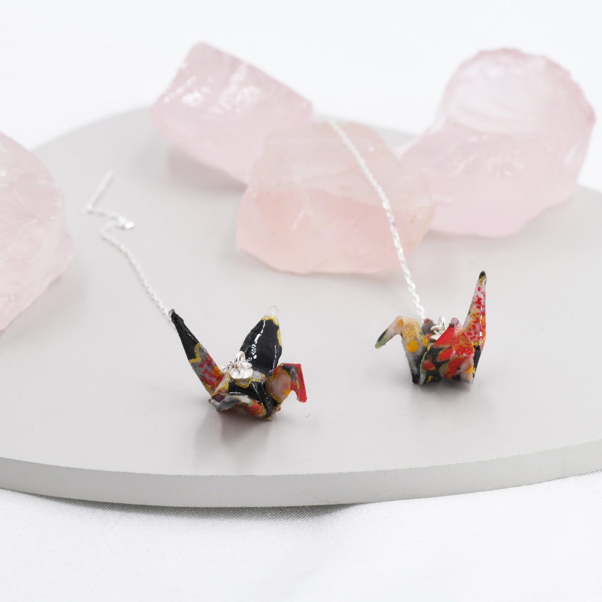 Japanese Paper Origami Crane Threader Earrings in Sterling Silver, Resin Sealed Genuine Japanese Washi Paper, Black, Long Lasting Earrings