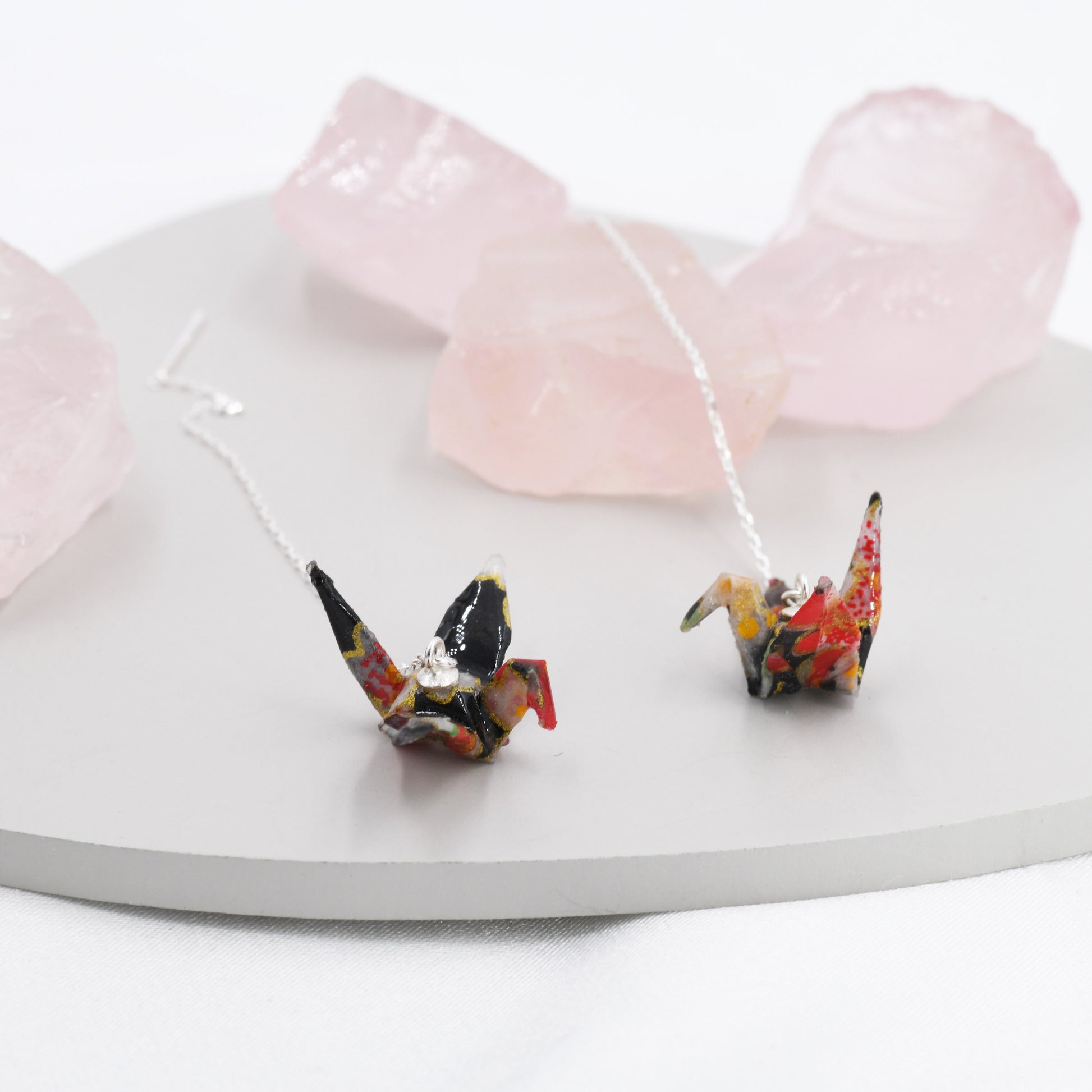 Japanese Paper Origami Crane Threader Earrings in Sterling Silver, Resin Sealed Genuine Japanese Washi Paper, Black, Long Lasting Earrings