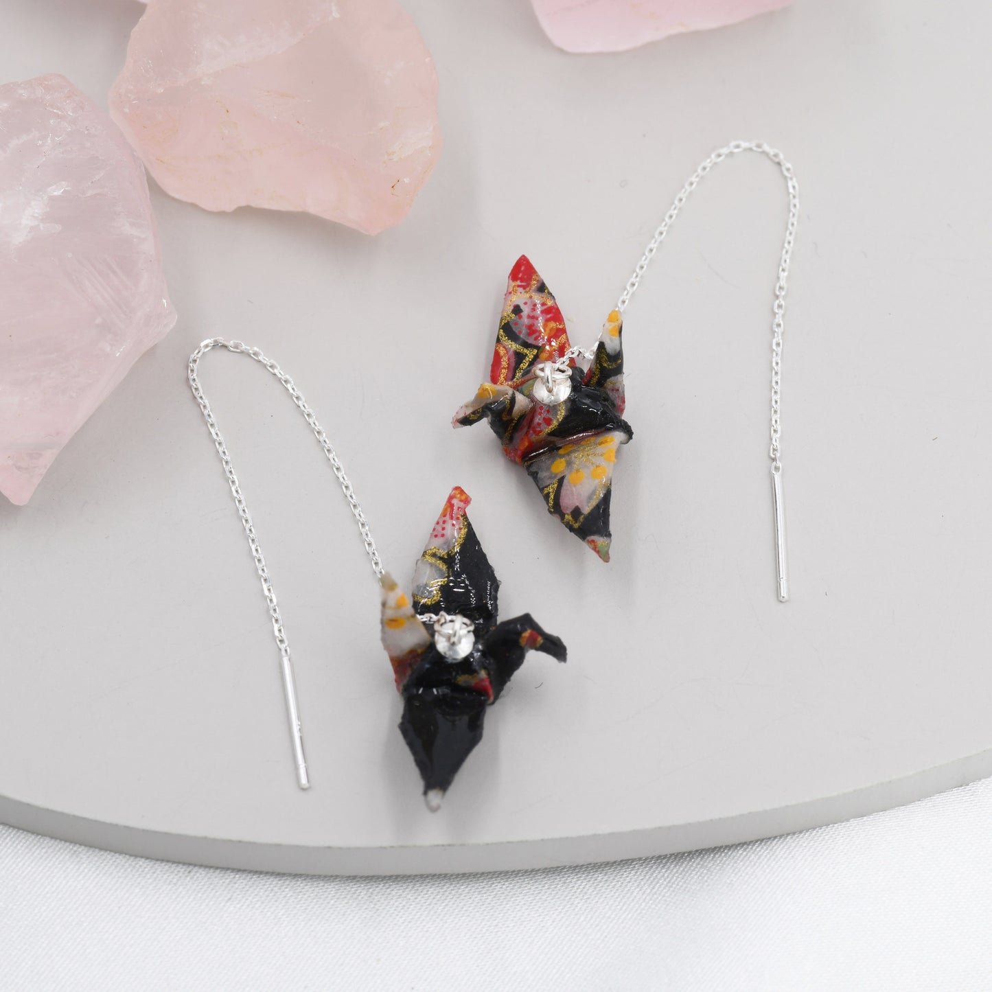 Japanese Paper Origami Crane Threader Earrings in Sterling Silver, Resin Sealed Genuine Japanese Washi Paper, Black, Long Lasting Earrings