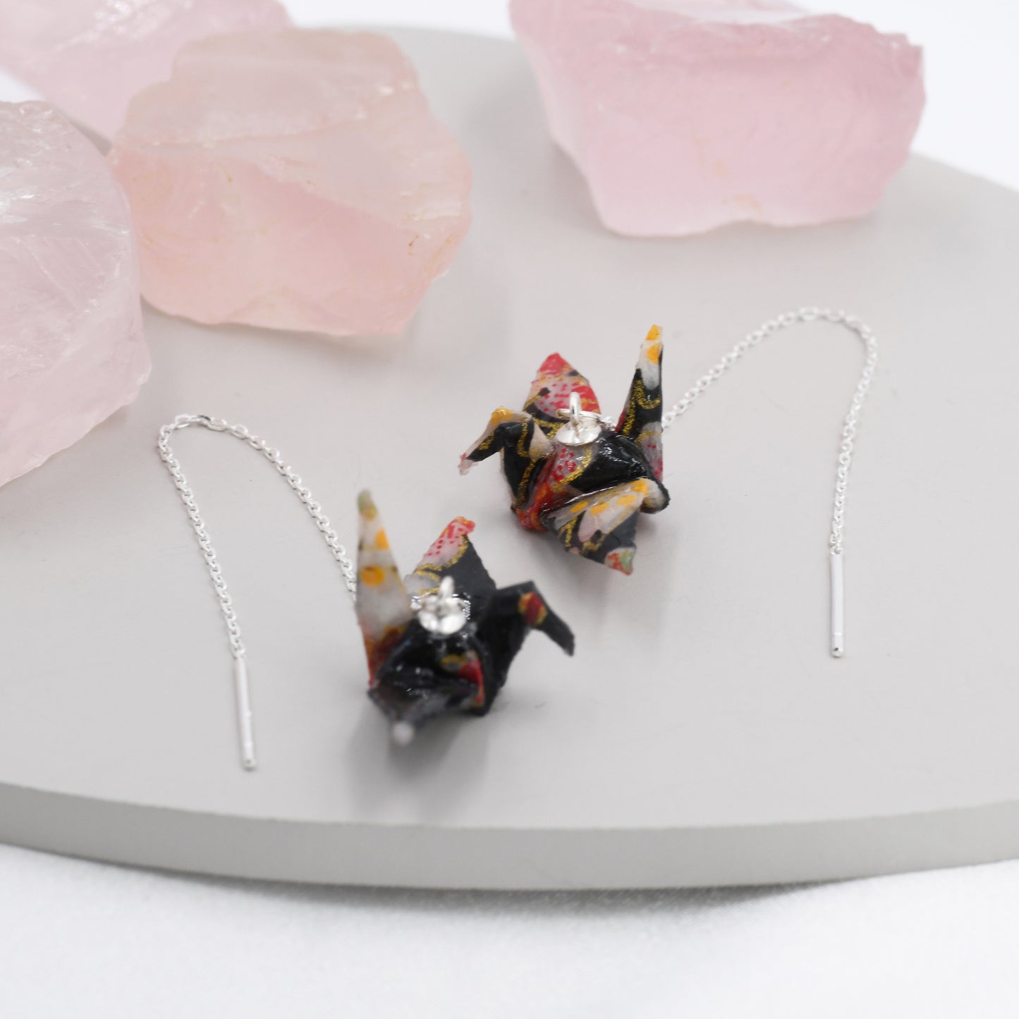 Japanese Paper Origami Crane Threader Earrings in Sterling Silver, Resin Sealed Genuine Japanese Washi Paper, Black, Long Lasting Earrings