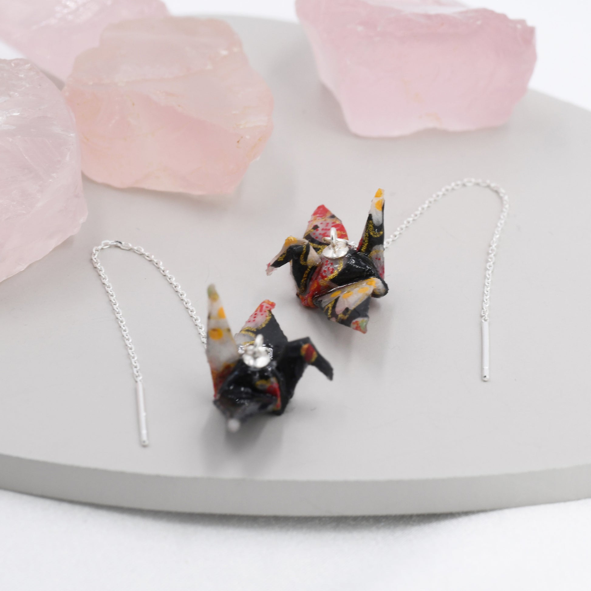 Japanese Paper Origami Crane Threader Earrings in Sterling Silver, Resin Sealed Genuine Japanese Washi Paper, Black, Long Lasting Earrings