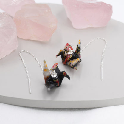 Japanese Paper Origami Crane Threader Earrings in Sterling Silver, Resin Sealed Genuine Japanese Washi Paper, Black, Long Lasting Earrings