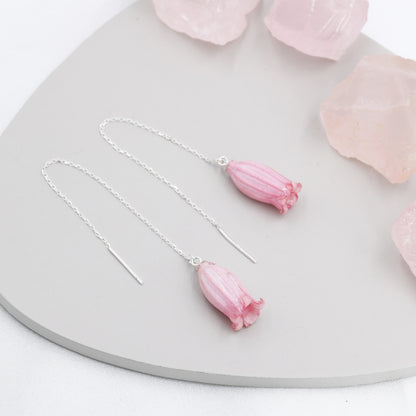 Real Bellflowers Flower Threader Earrings in Sterling Silver, Real Flower Ear Threaders, Resin Flower Jewellery - Pink