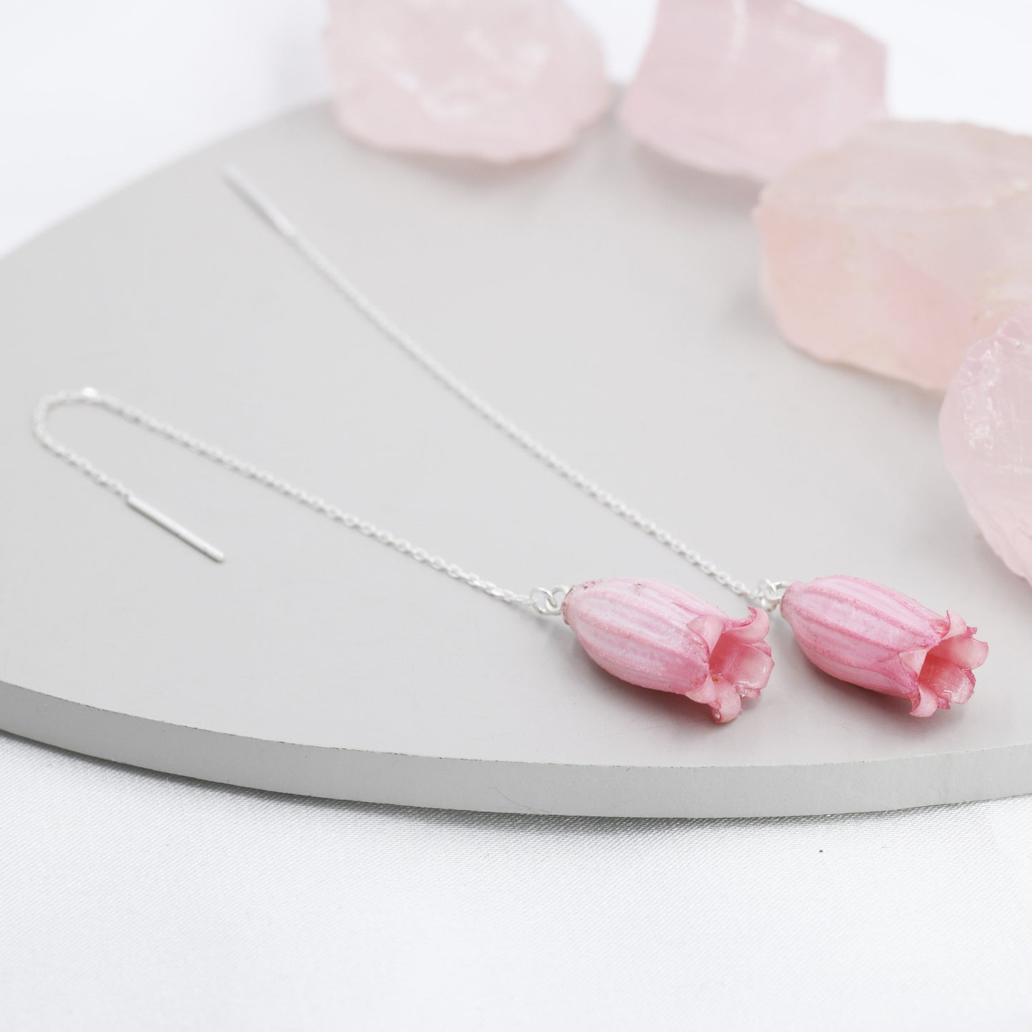 Real Bellflowers Flower Threader Earrings in Sterling Silver, Real Flower Ear Threaders, Resin Flower Jewellery - Pink