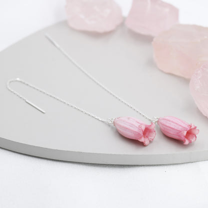 Real Bellflowers Flower Threader Earrings in Sterling Silver, Real Flower Ear Threaders, Resin Flower Jewellery - Pink