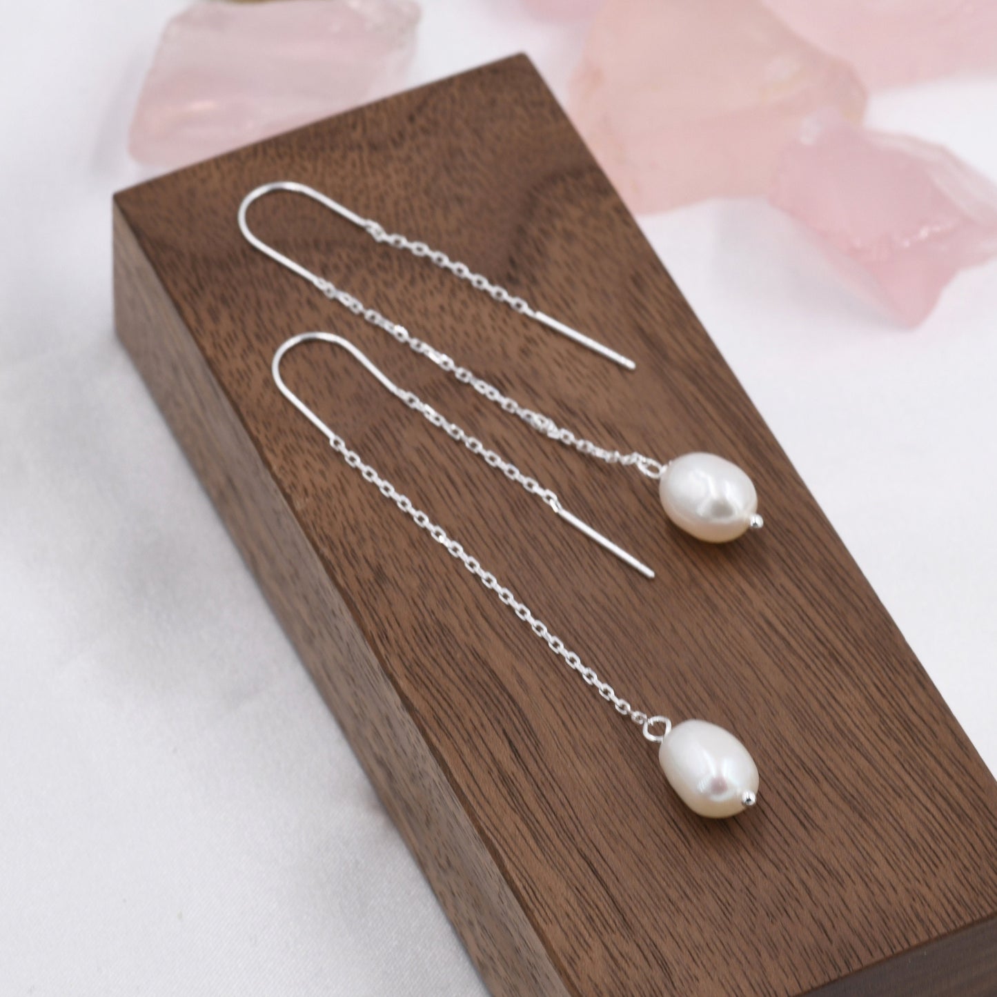 Genuine Fresh Water Pearl U Shape Threader Earrings in Sterling Silver, 9cm Ear Threaders, Long Threaders, Natural Drop Pearl Ear Threaders