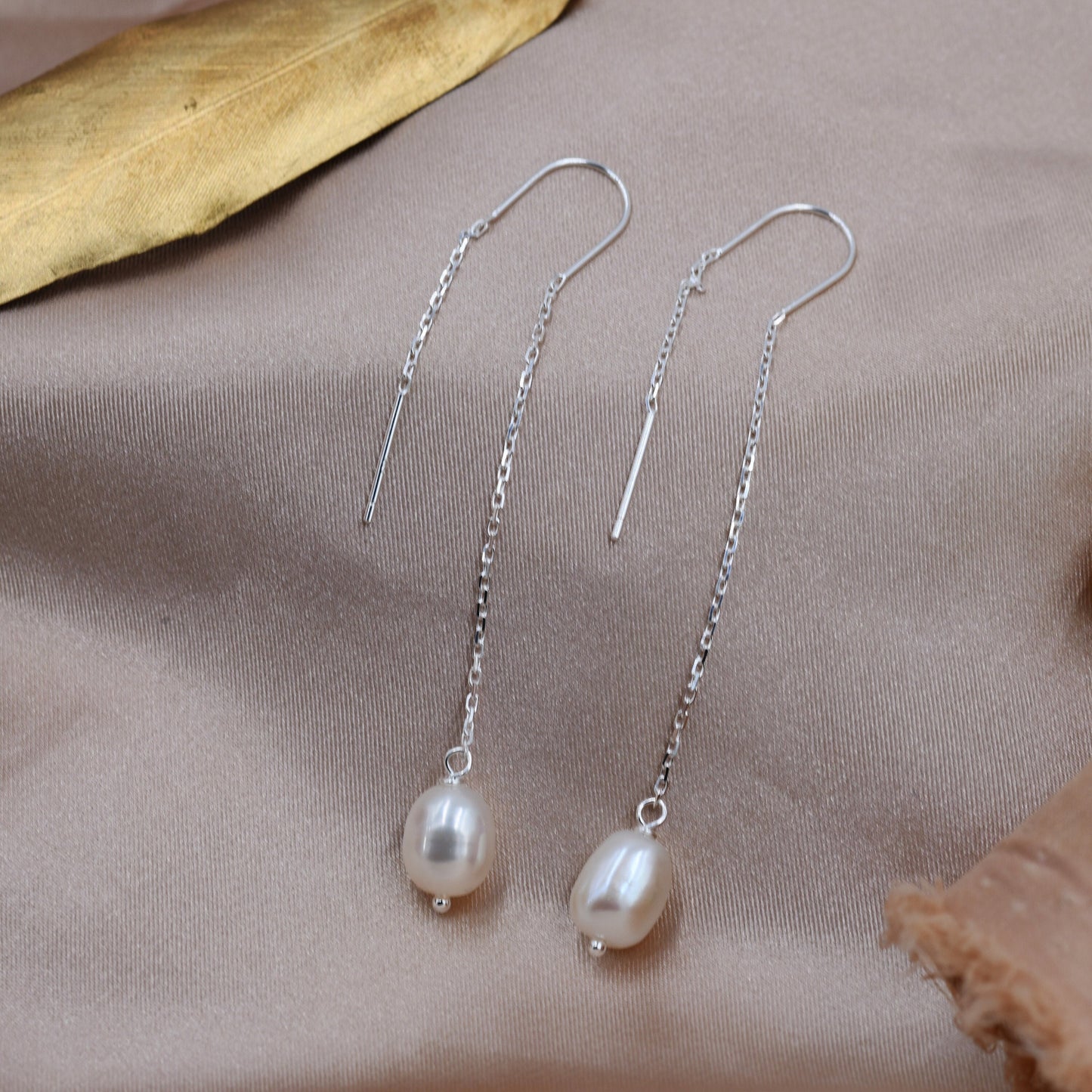 Genuine Fresh Water Pearl U Shape Threader Earrings in Sterling Silver, 9cm Ear Threaders, Long Threaders, Natural Drop Pearl Ear Threaders