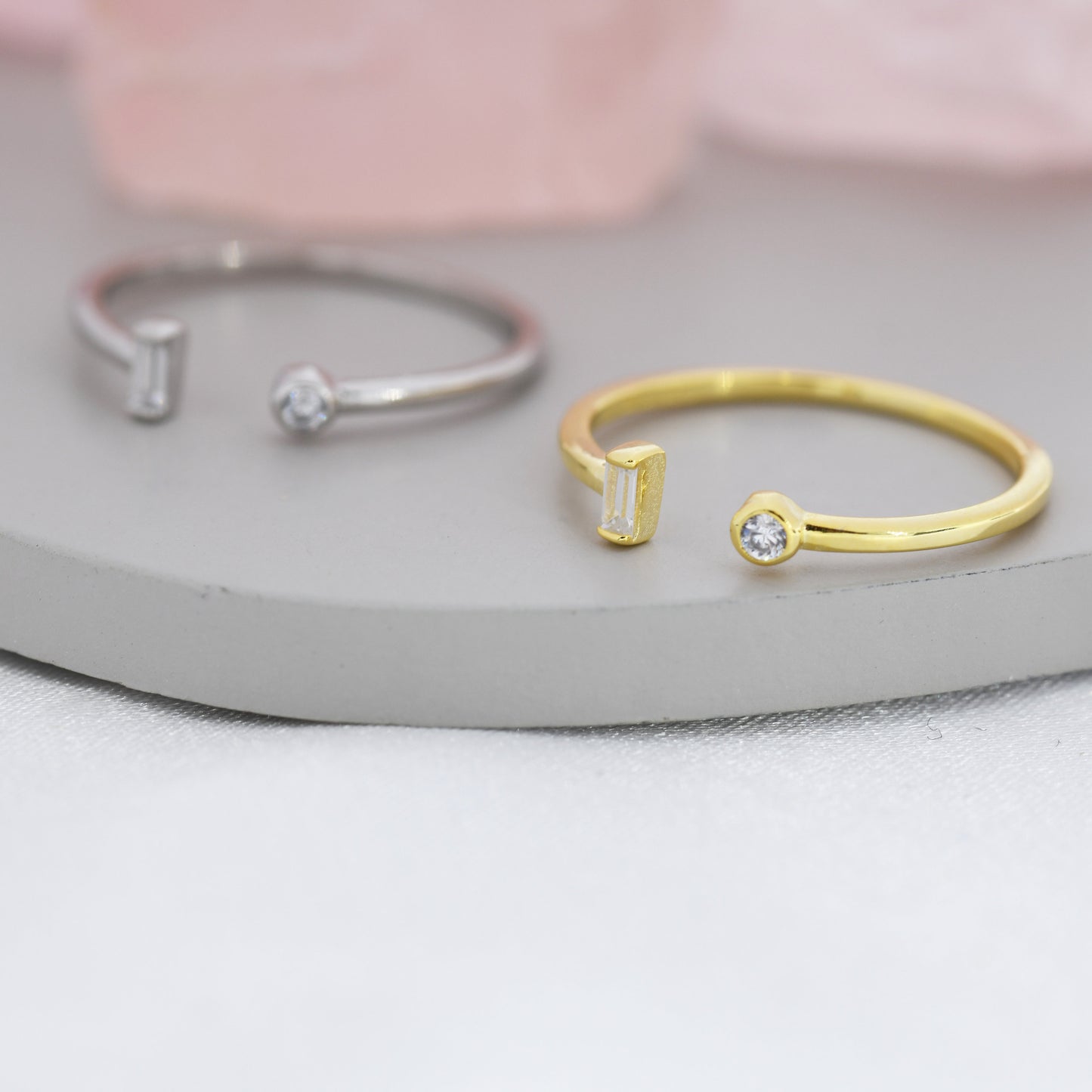 Baguette CZ Open Ring in Sterling Silver, Silver or Gold, Adjustable, Baguette Ring, Minimalist CZ Ring, Geometric Ring