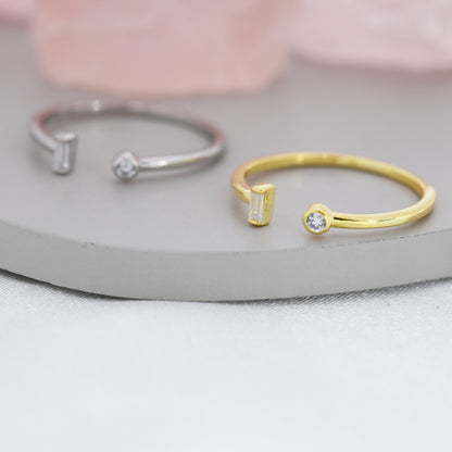 Baguette CZ Open Ring in Sterling Silver, Silver or Gold, Adjustable, Baguette Ring, Minimalist CZ Ring, Geometric Ring