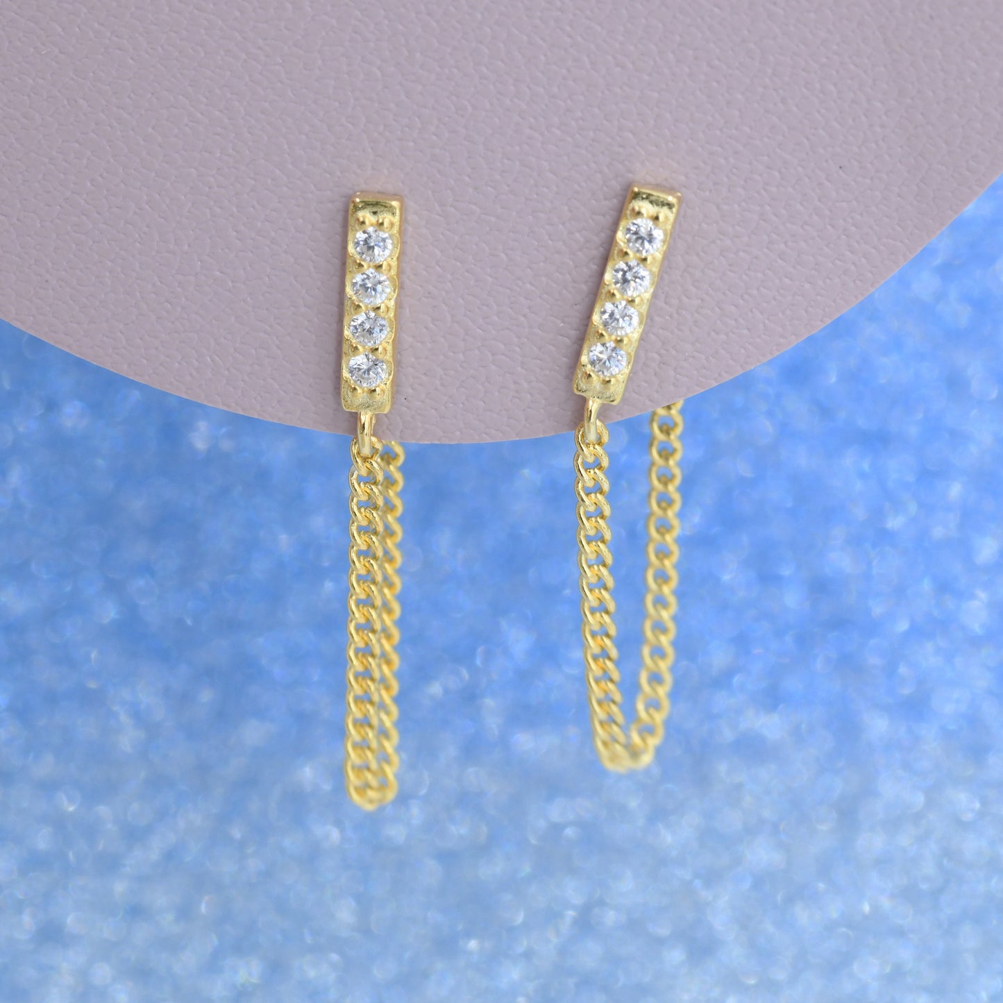 CZ Bar Chain Earrings in Sterling Silver, Silver or Gold, Vertical Bar Front and Back Ear Jacket, Minimalist and Geometric, Chained Earrings