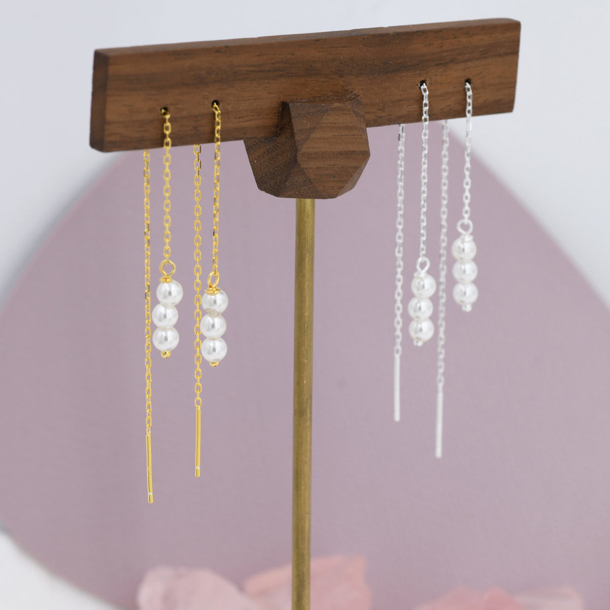 Pearl Trio Threader Earrings in Sterling Silver, 9cm Ear Threaders, Long Threaders, Pearl Ear Threaders