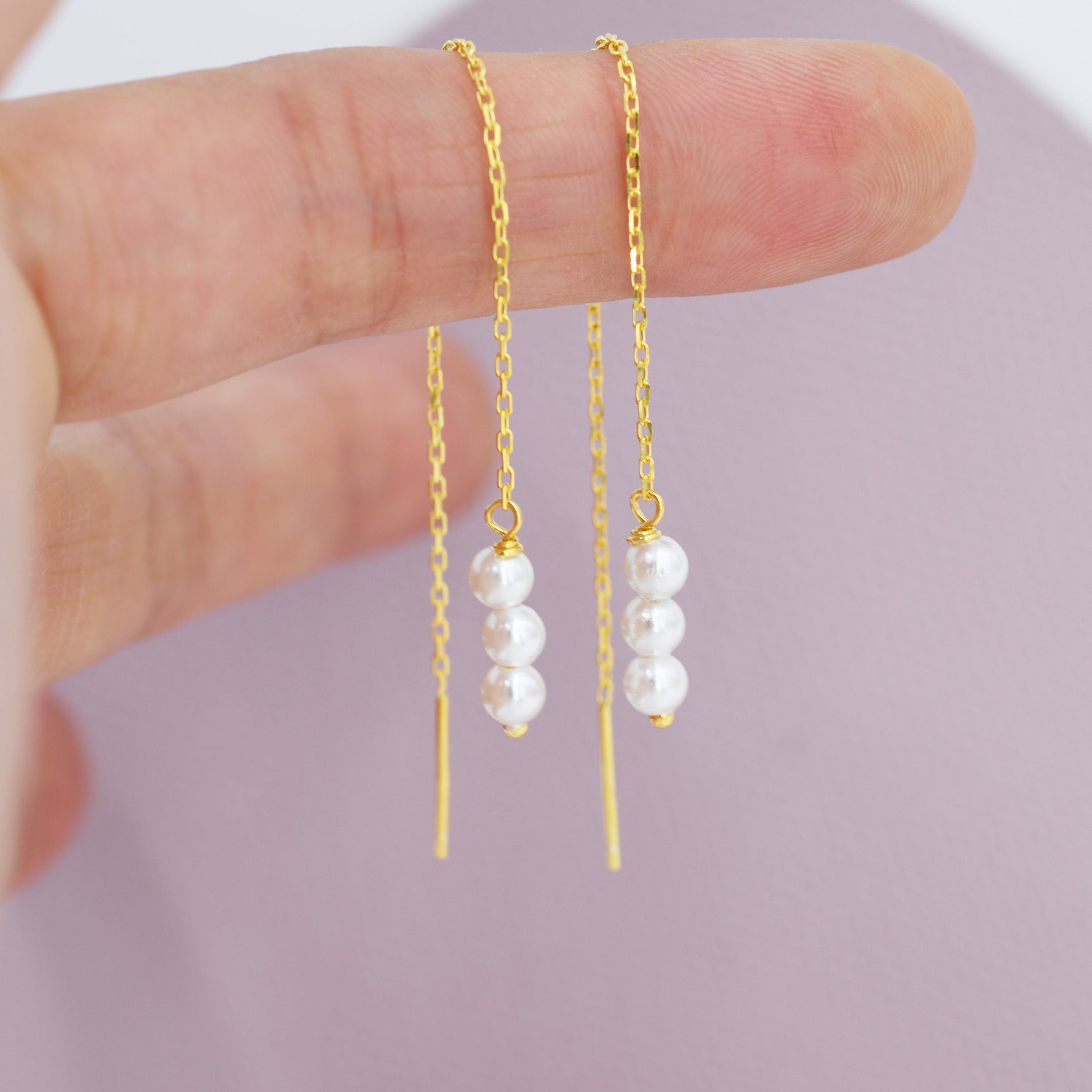 Pearl Trio Threader Earrings in Sterling Silver, 9cm Ear Threaders, Long Threaders, Pearl Ear Threaders