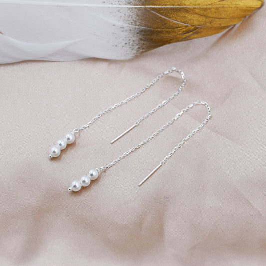 Pearl Trio Threader Earrings in Sterling Silver, 9cm Ear Threaders, Long Threaders, Pearl Ear Threaders