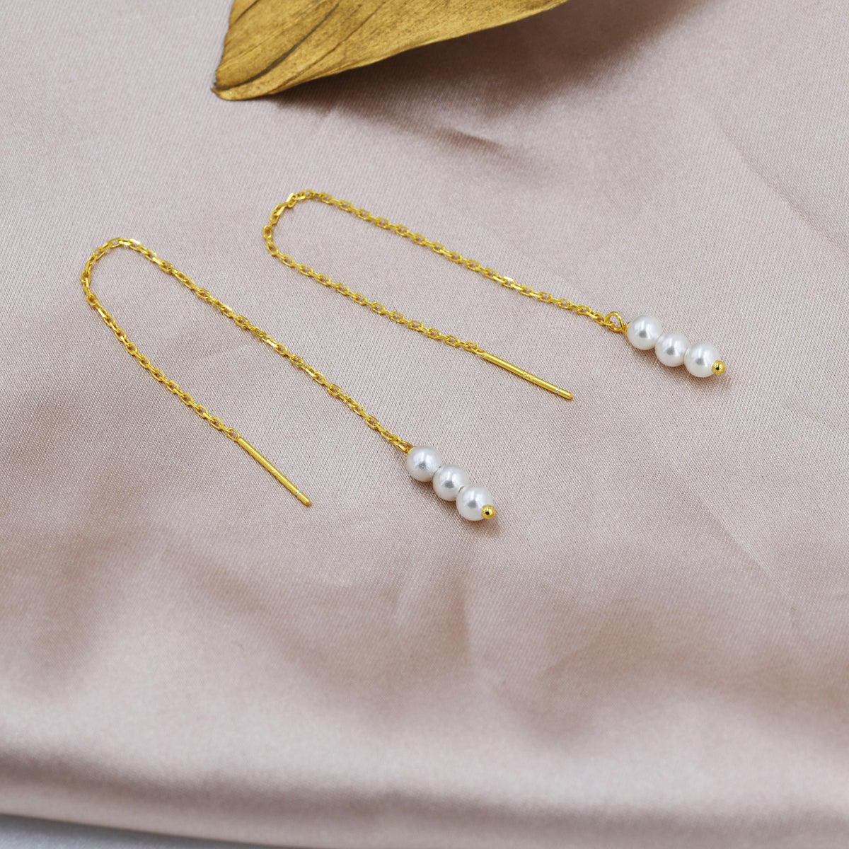 Pearl Trio Threader Earrings in Sterling Silver, 9cm Ear Threaders, Long Threaders, Pearl Ear Threaders