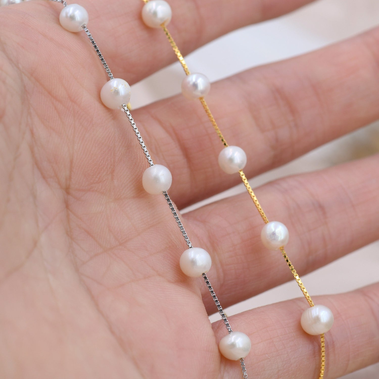 Sterling Silver Freshwater Pearl Bracelet, Silver or Gold, Genuine Fresh Water Pearls, Natural Pearl Bracelet, Ivory Pearls, Satellite Chain
