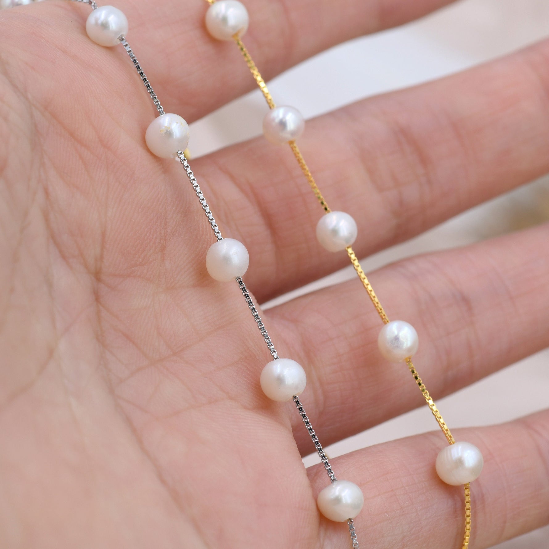 Sterling Silver Freshwater Pearl Bracelet, Silver or Gold, Genuine Fresh Water Pearls, Natural Pearl Bracelet, Ivory Pearls, Satellite Chain