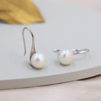 Genuine Freshwater Pearl Hook Earrings in Sterling Silver, Natural Freshwater Pearls, Silver or Gold, Ivory Pearl