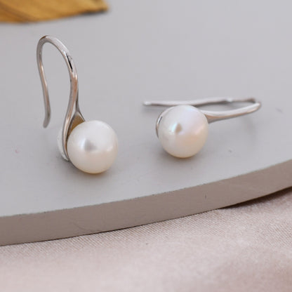 Genuine Freshwater Pearl Hook Earrings in Sterling Silver, Natural Freshwater Pearls, Silver or Gold, Ivory Pearl