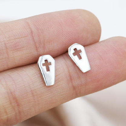 Small Pair of Coffin Stud Earrings in Sterling Silver, Silver or Gold, Stacking Earrings, Coffin Cross Earrings, Vampire Earrings, Halloween