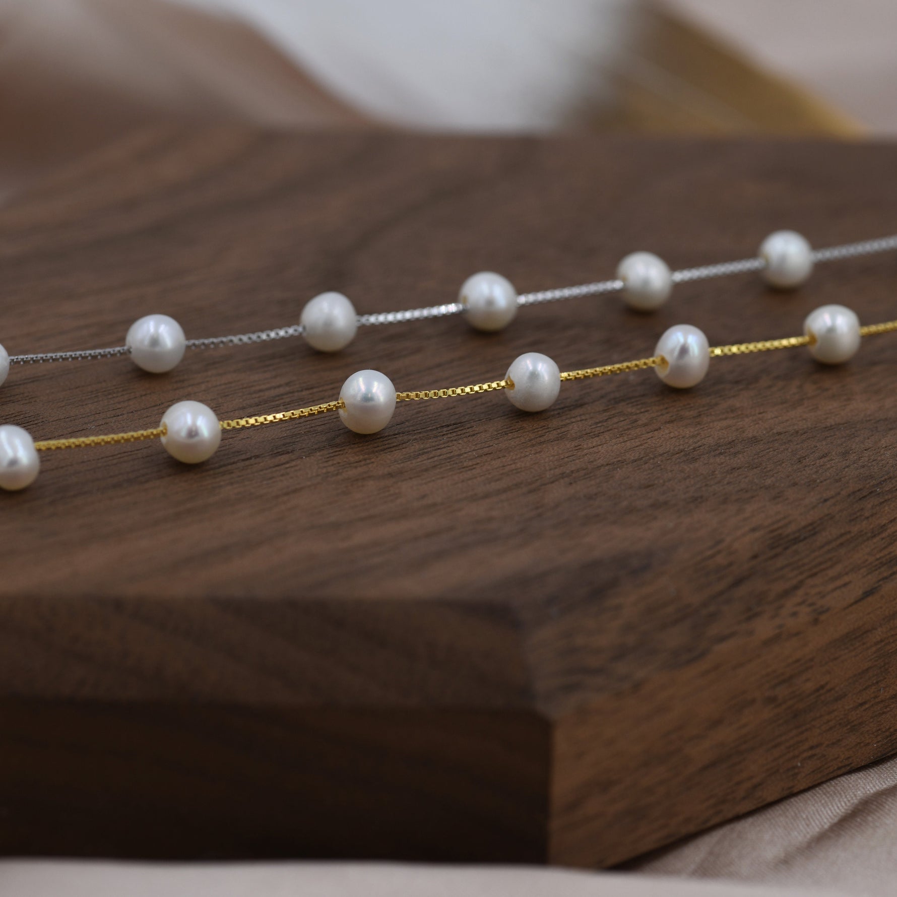 Sterling Silver Freshwater Pearl Bracelet, Silver or Gold, Genuine Fresh Water Pearls, Natural Pearl Bracelet, Ivory Pearls, Satellite Chain