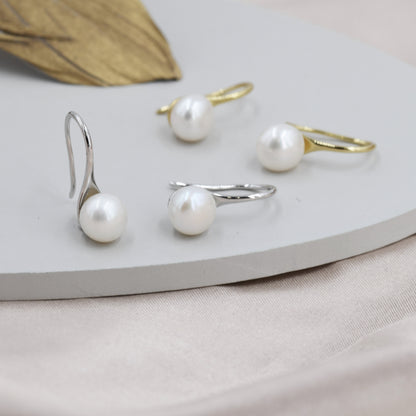 Genuine Freshwater Pearl Hook Earrings in Sterling Silver, Natural Freshwater Pearls, Silver or Gold, Ivory Pearl