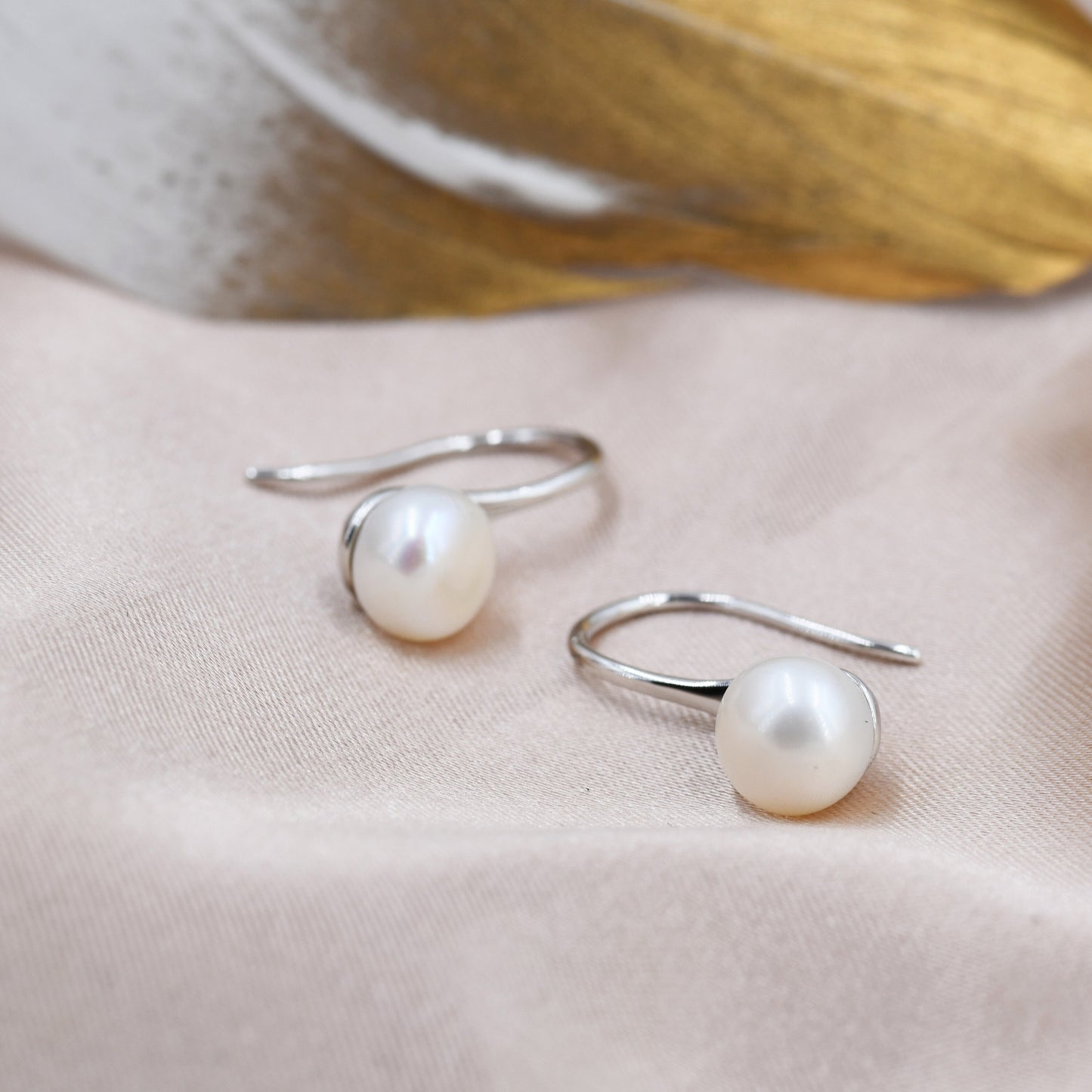 Genuine Freshwater Pearl Hook Earrings in Sterling Silver, Natural Freshwater Pearls, Silver or Gold, Ivory Pearl