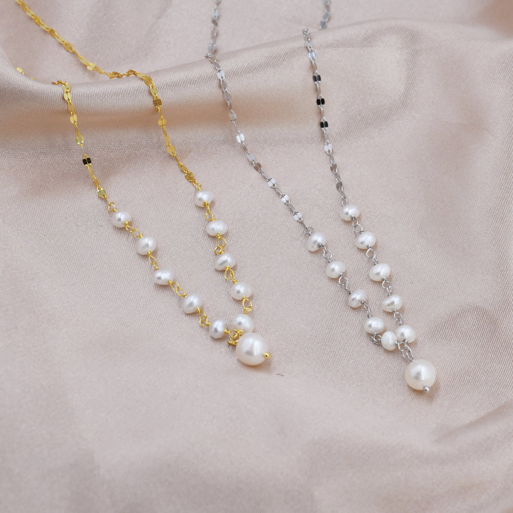 Genuine Pearl Beaded Necklace in Sterling Silver, Silver or Gold , Genuine Freshwater Pearls, Pearl Necklace, Y Necklace