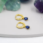 Sterling Silver Sapphire Blue CZ Droplet Hoop Earrings, Silver, Gold or Rose Gold, Pear Cut Drop Earrings, Interchangeable Charms