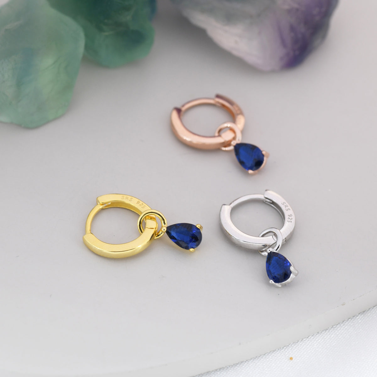 Sterling Silver Sapphire Blue CZ Droplet Hoop Earrings, Silver, Gold or Rose Gold, Pear Cut Drop Earrings, Interchangeable Charms
