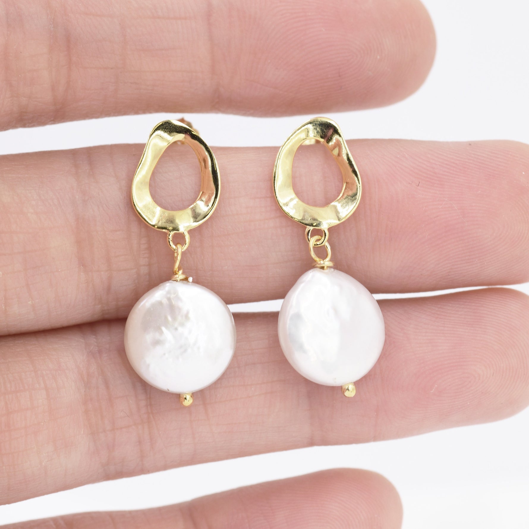 Genuine Freshwater Pearl Drop Stud Earrings, Baroque Pearl, Keshi Pearl, Coin, Sterling silver with 18ct Gold Plating, Contemporary Design