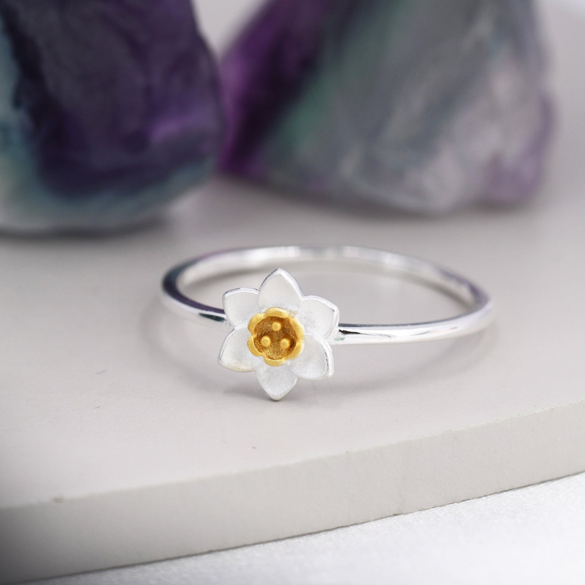 Sterling Silver Daffodil Flower Ring, Pretty and Cute Blossom Flower Ring , with Partial 18ct Gold Plating, US 5 -8