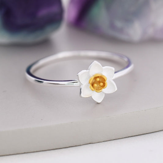 Sterling Silver Daffodil Flower Ring, Pretty and Cute Blossom Flower Ring , with Partial 18ct Gold Plating, US 5 -8