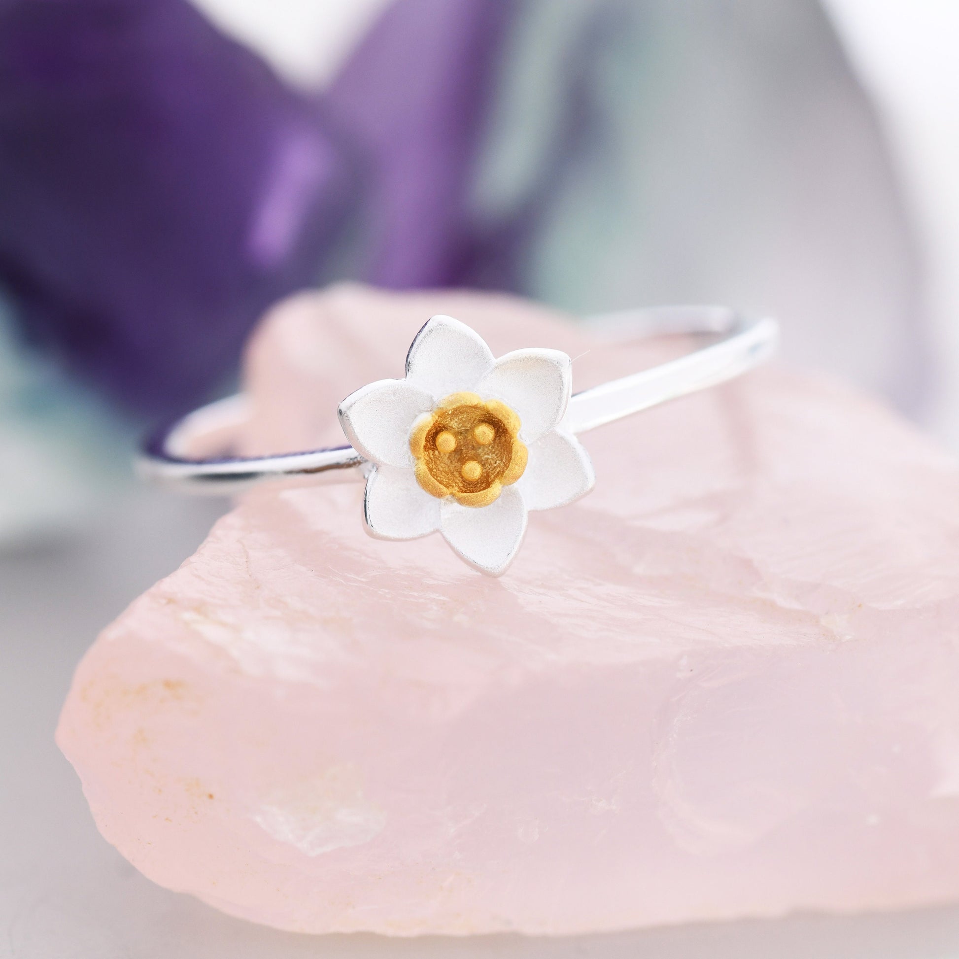Sterling Silver Daffodil Flower Ring, Pretty and Cute Blossom Flower Ring , with Partial 18ct Gold Plating, US 5 -8