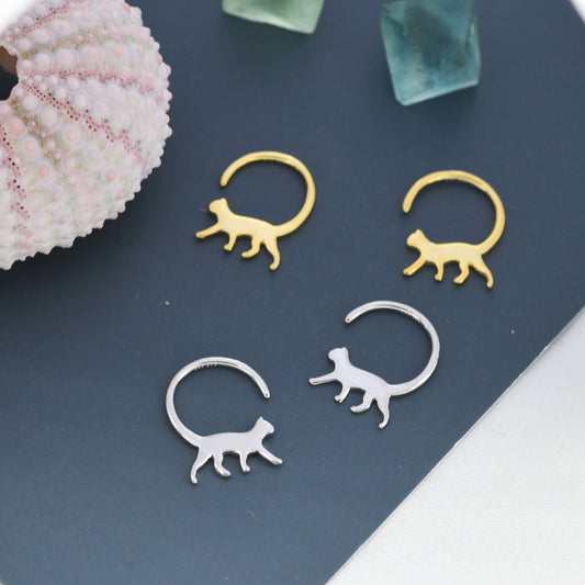 Tiny Cat Hoop Earrings in Sterling Silver, Silver or Gold, Minimalist Cat Silhouette Earrings, Simple Cat Earrings