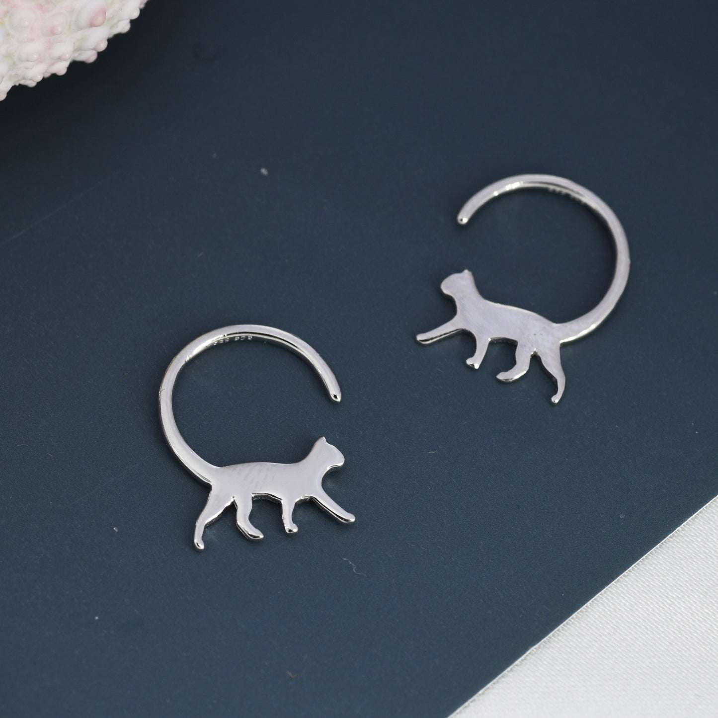 Tiny Cat Hoop Earrings in Sterling Silver, Silver or Gold, Minimalist Cat Silhouette Earrings, Simple Cat Earrings