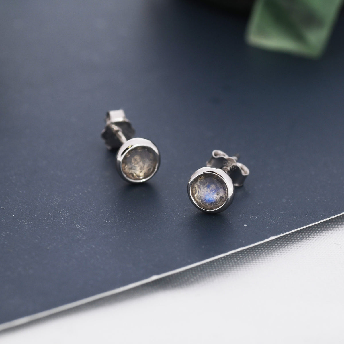 Sterling Silver Rose Cut Labradorite Stud Earrings, 3mm or 4mm, Genuine Labradorite Gemstone Stud, Bezel, Minimalist Style