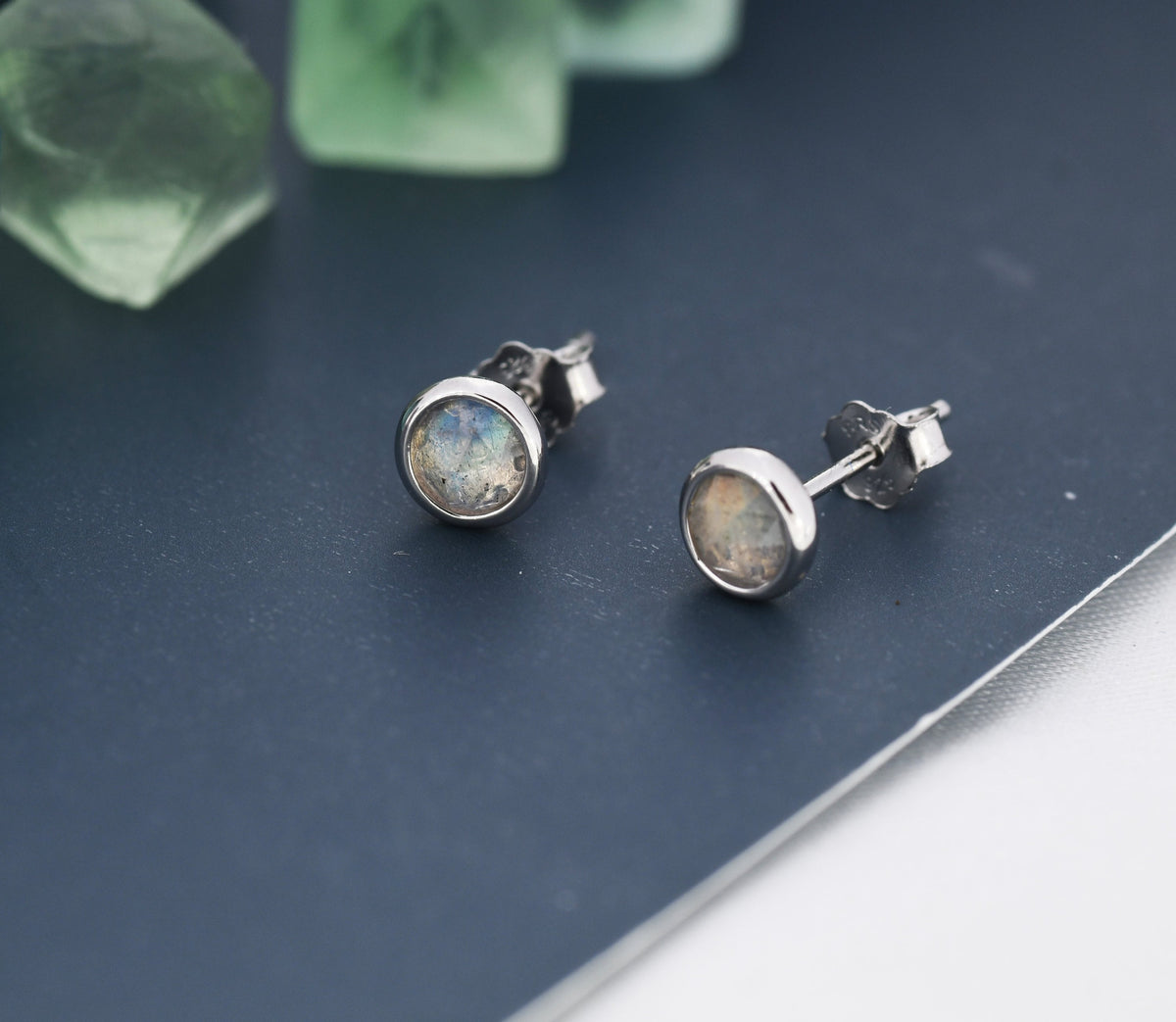 Sterling Silver Rose Cut Labradorite Stud Earrings, 3mm or 4mm, Genuine Labradorite Gemstone Stud, Bezel, Minimalist Style