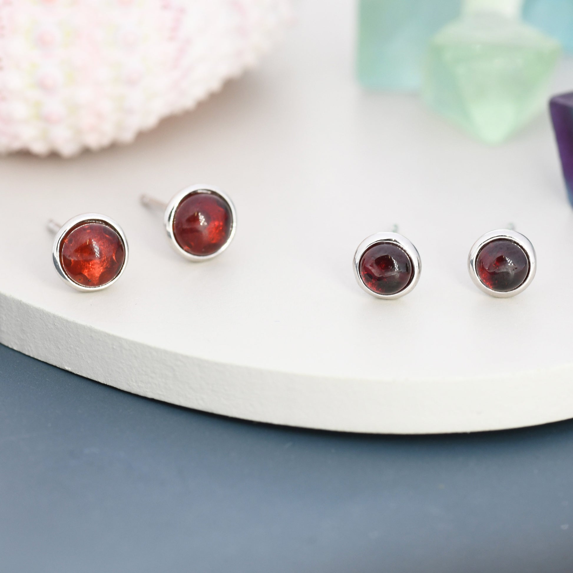 Natural Garnet Stud Earrings in Sterling Silver, Semi-Precious Gemstones, 4mm or 5mm Bezel, Genuine Garnet Earrings, January Birthstone
