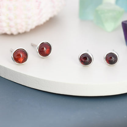 Natural Garnet Stud Earrings in Sterling Silver, Semi-Precious Gemstones, 4mm or 5mm Bezel, Genuine Garnet Earrings, January Birthstone