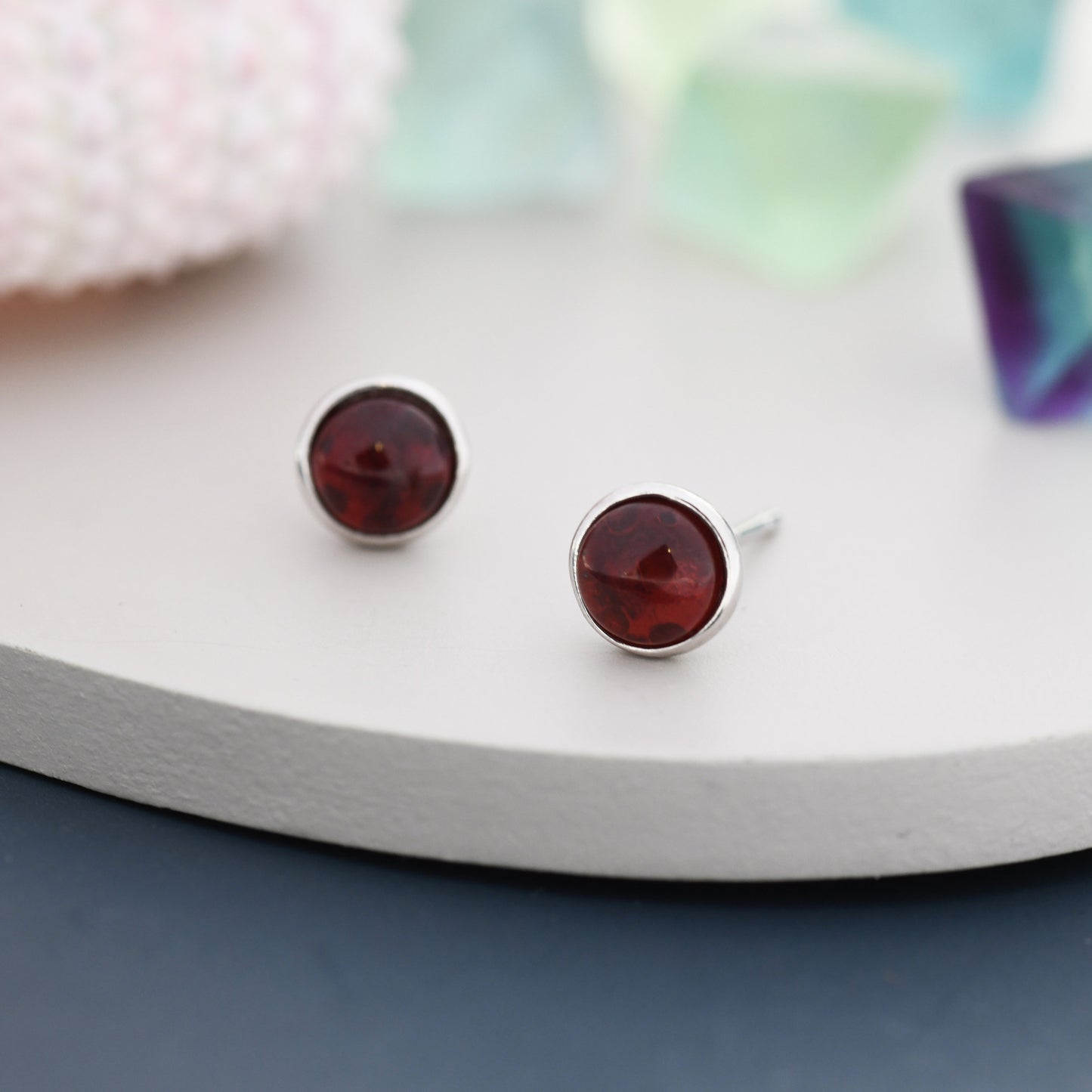 Natural Garnet Stud Earrings in Sterling Silver, Semi-Precious Gemstones, 4mm or 5mm Bezel, Genuine Garnet Earrings, January Birthstone