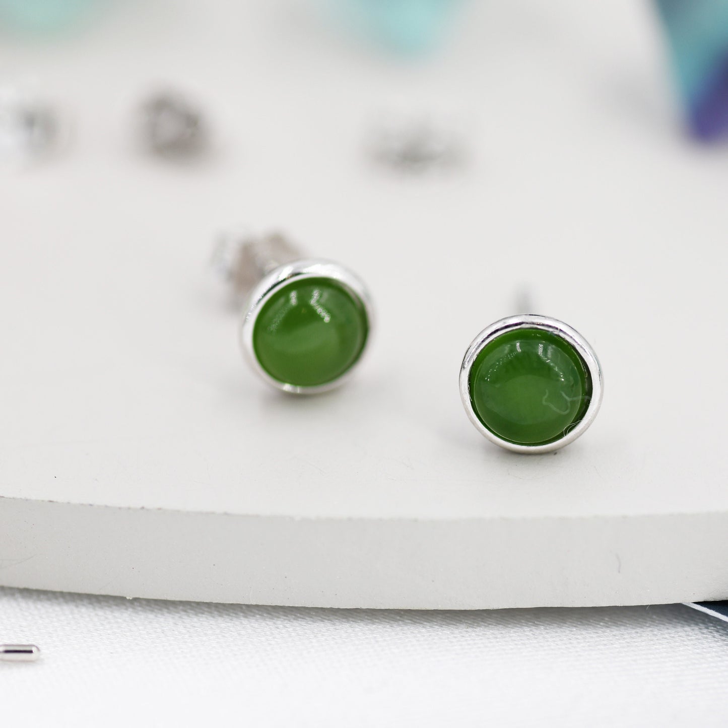 Sterling Silver Natural Jade Stud Earrings, 3mm, 4mm or 5mm, Genuine Jade Gemstone Stud, Bezel, Minimalist Style, Jasper Jade, Jasper Stone