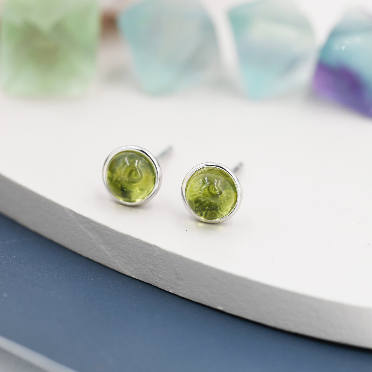 Sterling Silver Natural  Peridot Stud Earrings, 4mm or 5mm, Genuine Peridot Gemstone Stud, Bezel, Minimalist Style, August Birthstone