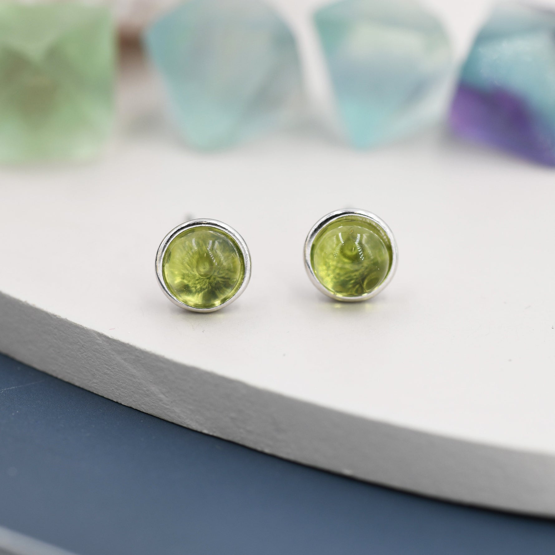 Sterling Silver Natural Peridot Stud Earrings, 4mm or 5mm, Genuine Peridot Gemstone Stud, Bezel, Minimalist Style, August Birthstone