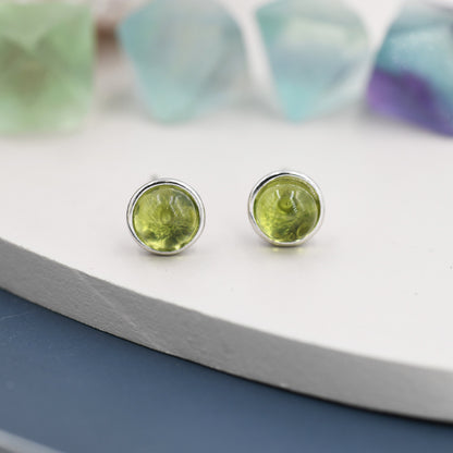 Sterling Silver Natural  Peridot Stud Earrings, 4mm or 5mm, Genuine Peridot Gemstone Stud, Bezel, Minimalist Style, August Birthstone