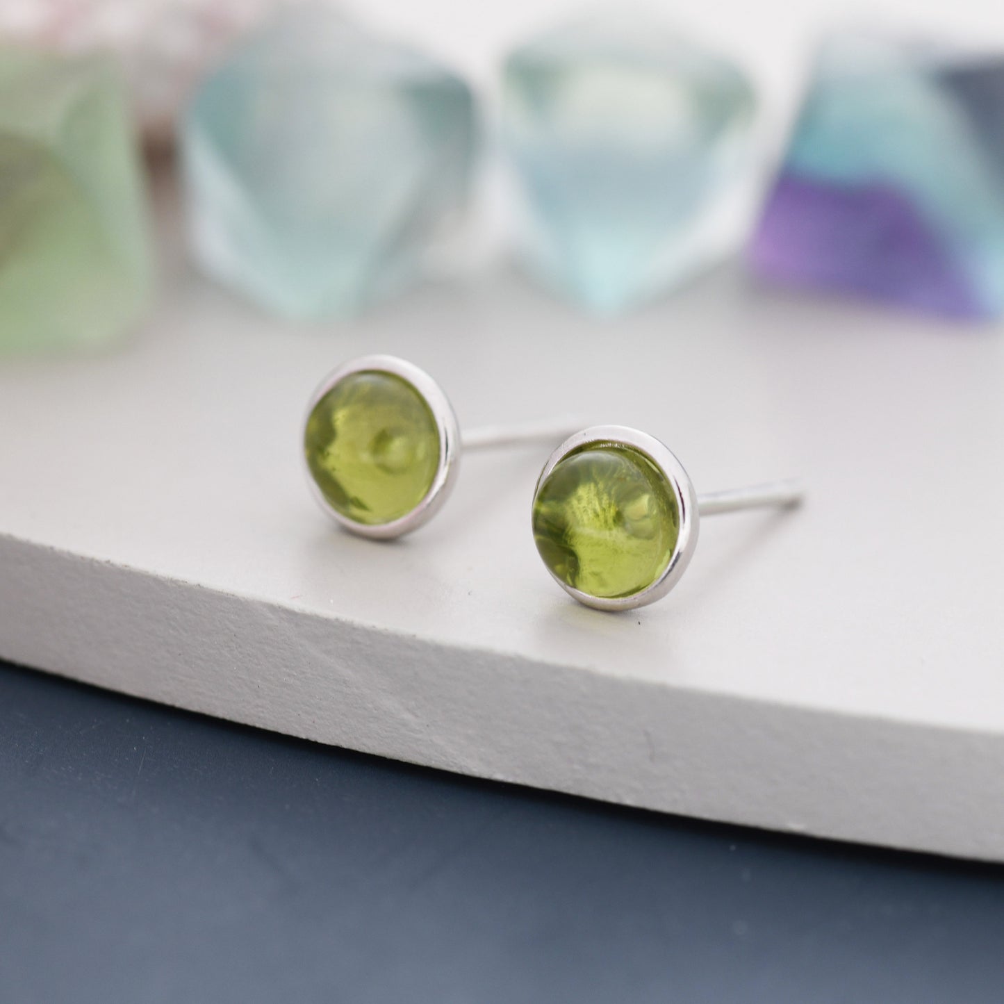 Sterling Silver Natural  Peridot Stud Earrings, 4mm or 5mm, Genuine Peridot Gemstone Stud, Bezel, Minimalist Style, August Birthstone