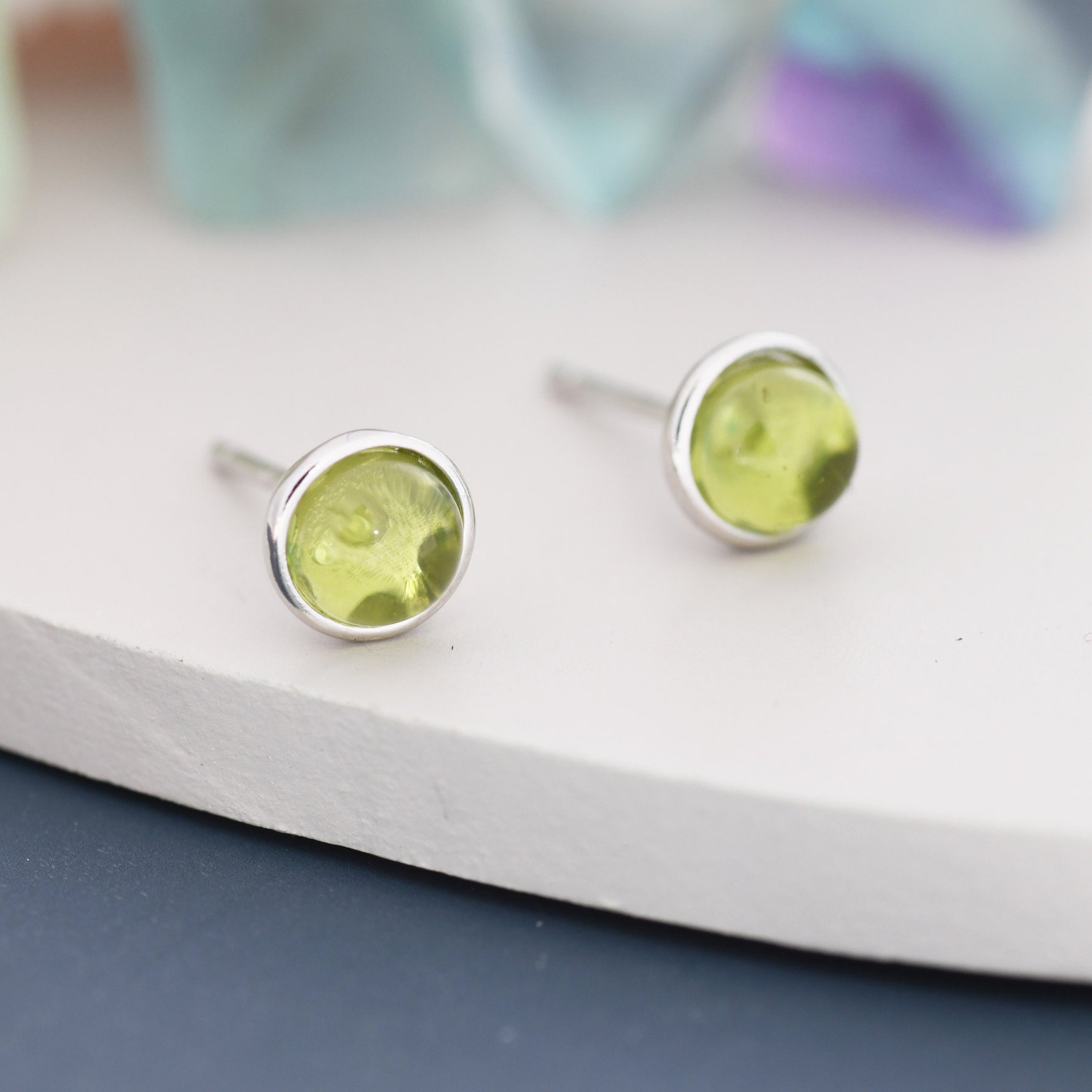 Sterling Silver Natural Peridot Stud Earrings, 4mm or 5mm, Genuine Peridot Gemstone Stud, Bezel, Minimalist Style, August Birthstone