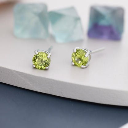 Sterling Silver Natural Peridot Stud Earrings, 4mm Prong Set, Genuine Peridot Gemstone Stud, Minimalist Style, August Birthstone
