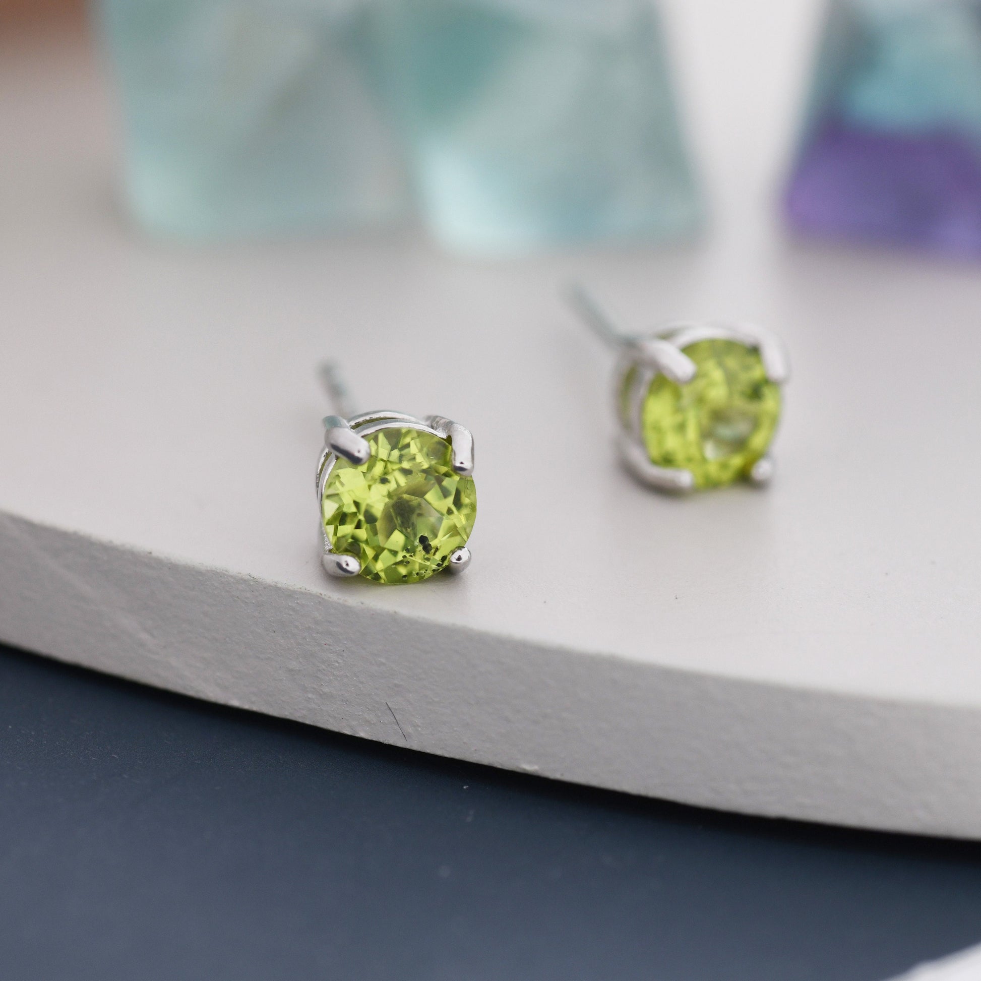 Sterling Silver Natural Peridot Stud Earrings, 4mm Prong Set, Genuine Peridot Gemstone Stud, Minimalist Style, August Birthstone