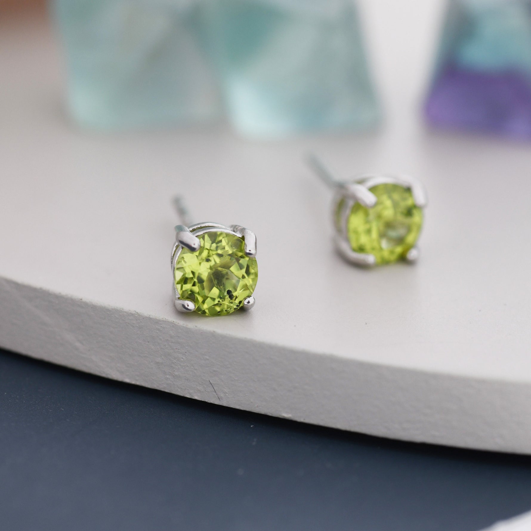 Sterling Silver Natural Peridot Stud Earrings, 4mm or 5mm Prong Set, Genuine Peridot Gemstone Stud, Minimalist Style, August Birthstone